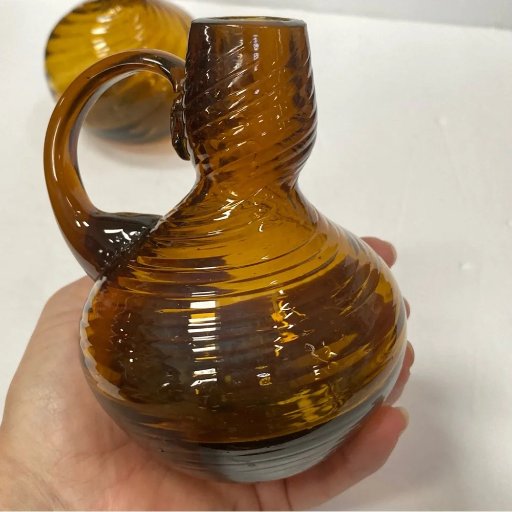 Set of 2 Vintage Root Beer Amber Swirled Glass Vase w/ applied handle